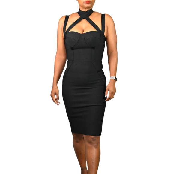 Black Bandage Dress Bodycon Pencil Low Cut Sweetheart LBD Sleeveless Strap Small - Picture 1 of 14